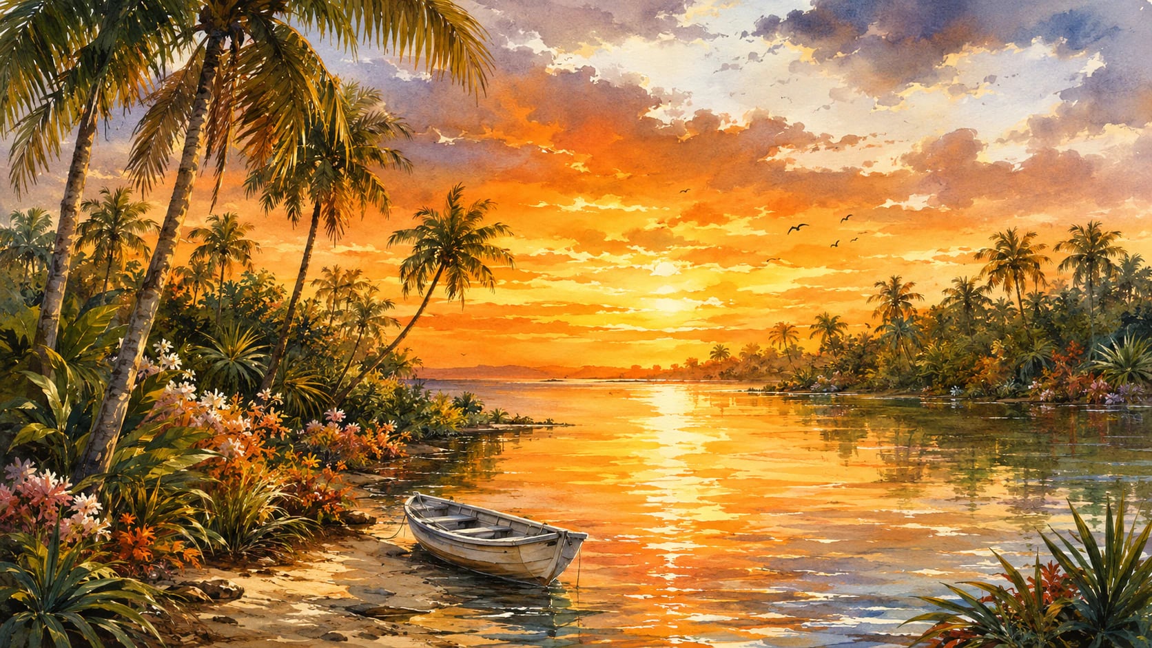 Rivage de la lagune au soleil couchant