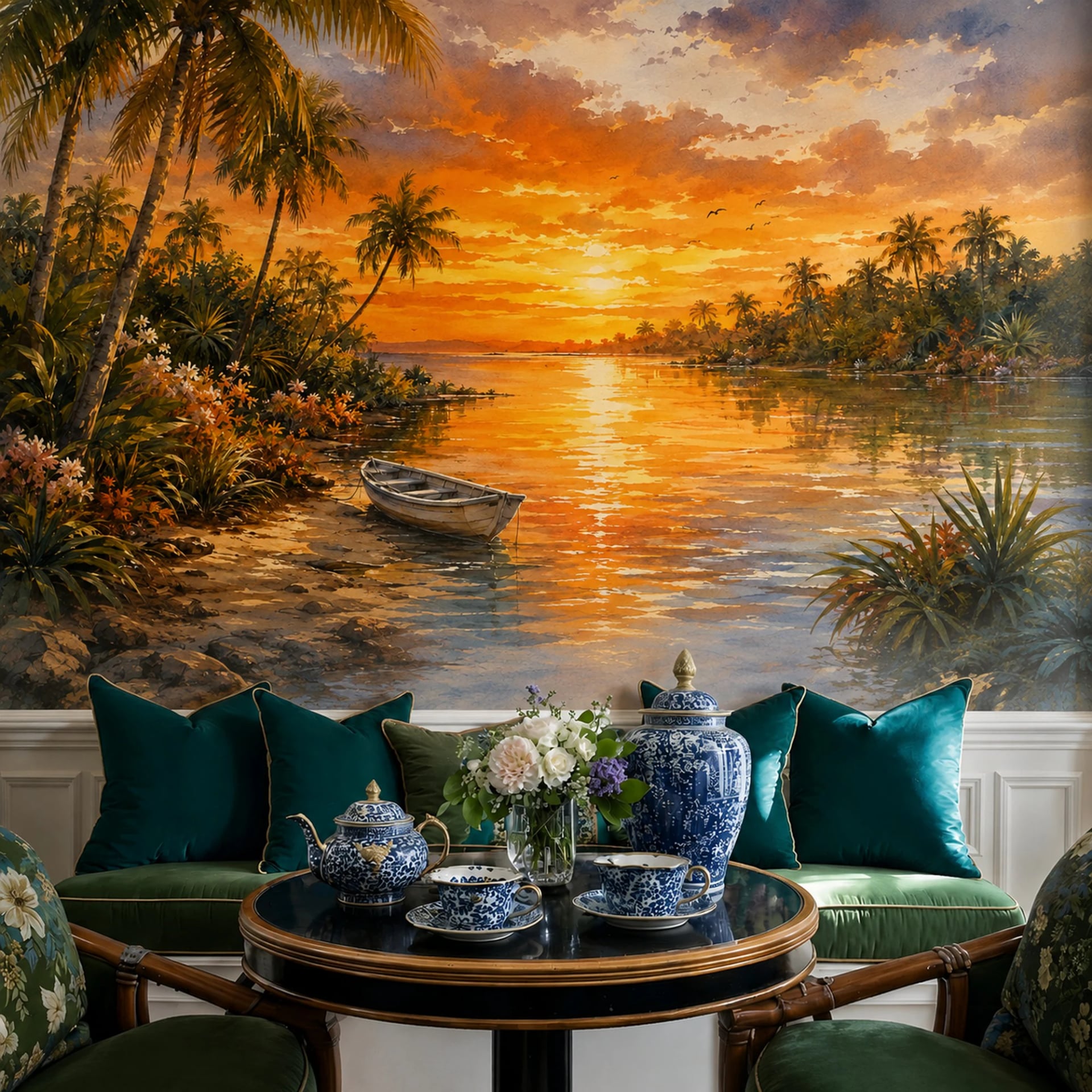 Papier peint panoramique Rivage de la lagune au soleil couchant présenté dans un intérieur décoré, vue 2