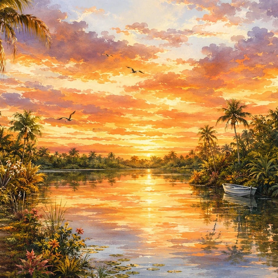 Nahaufnahme des Kunstwerks Goldener Lagunen-Sonnenuntergang im Druckmaßstab