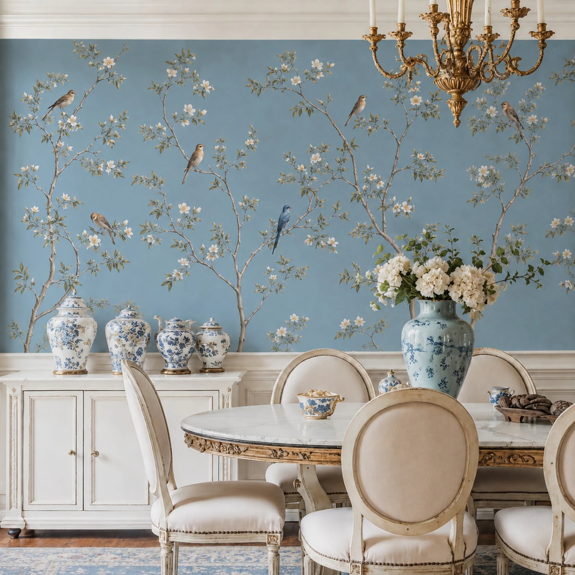 Chinoiserie mit Singvogel auf Ast Fototapete in einem stilvoll eingerichteten Raum, Ansicht 2