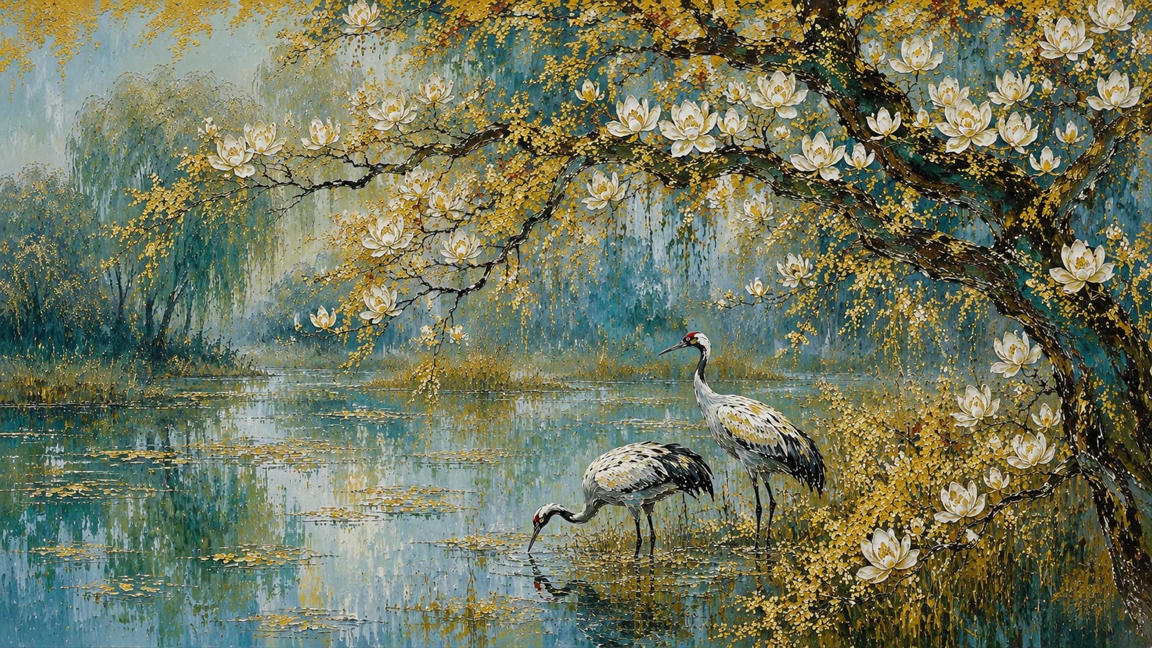 Estanque dorado de grullas