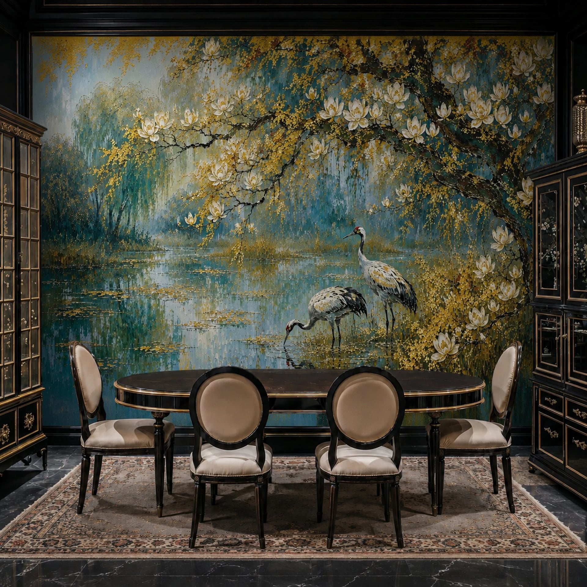 Golden Crane Pond wall mural shown in a styled interior, view 2