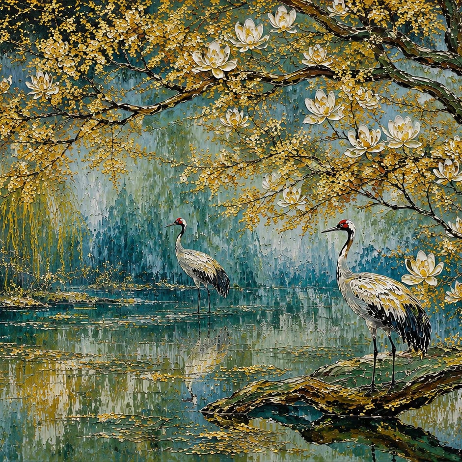 Primer plano del diseño Grullas y magnolias en el lago a escala de impresión