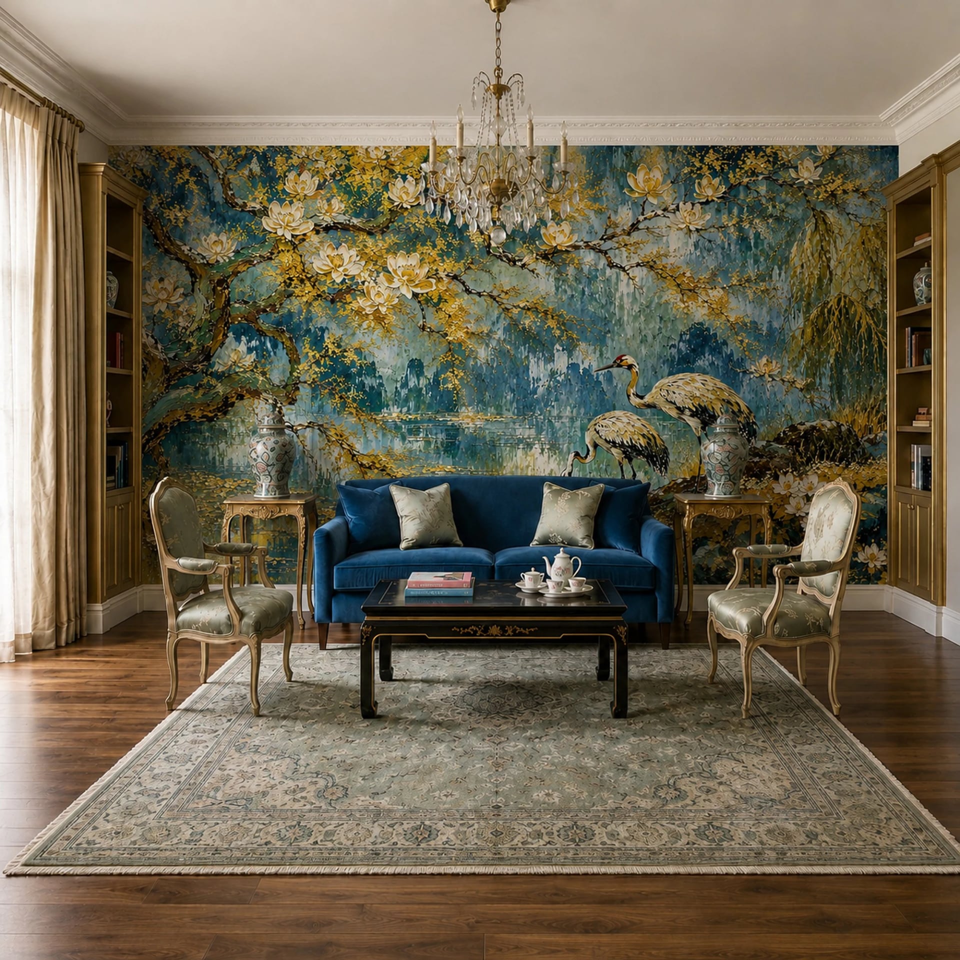 Gilded Crane Sanctuary wall mural shown in a styled interior, view 2