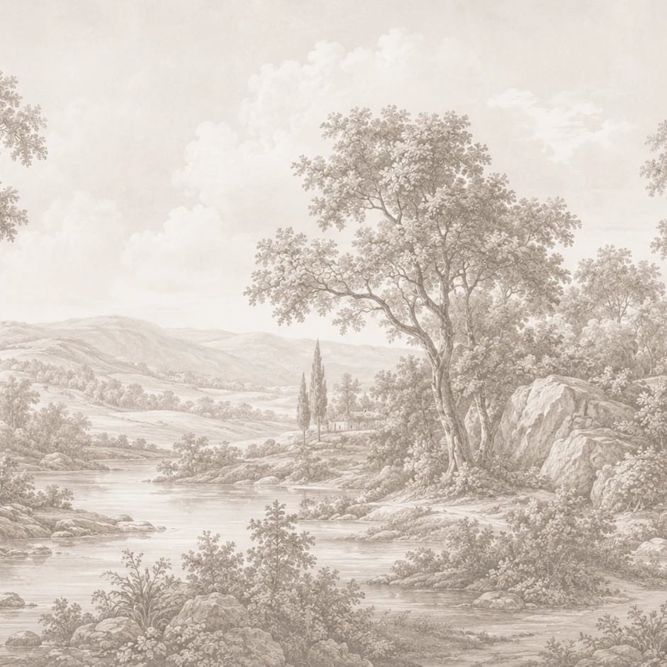 Nahaufnahme des Kunstwerks Idyllisches Flusstal im Druckmaßstab