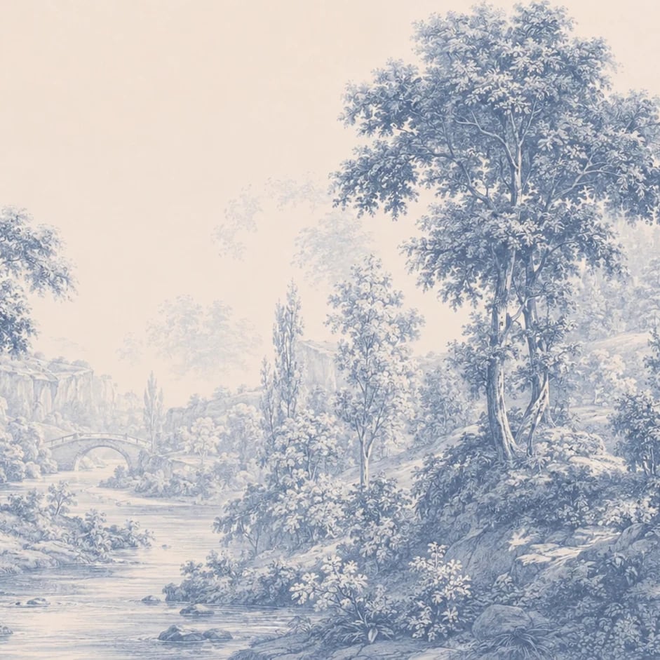 Nahaufnahme des Kunstwerks Flusslandschaft in Toile-Blau im Druckmaßstab