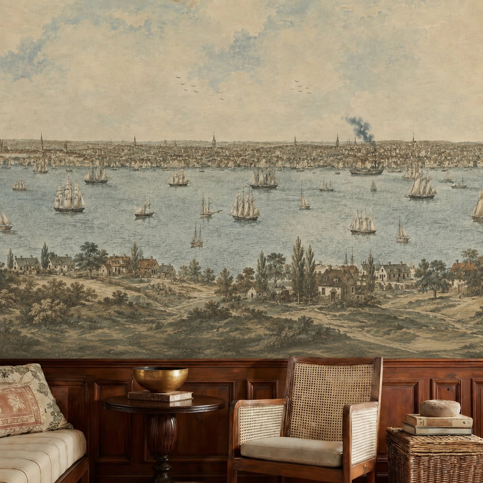 Historic Seaport Harbor wall mural shown in a styled interior, view 2