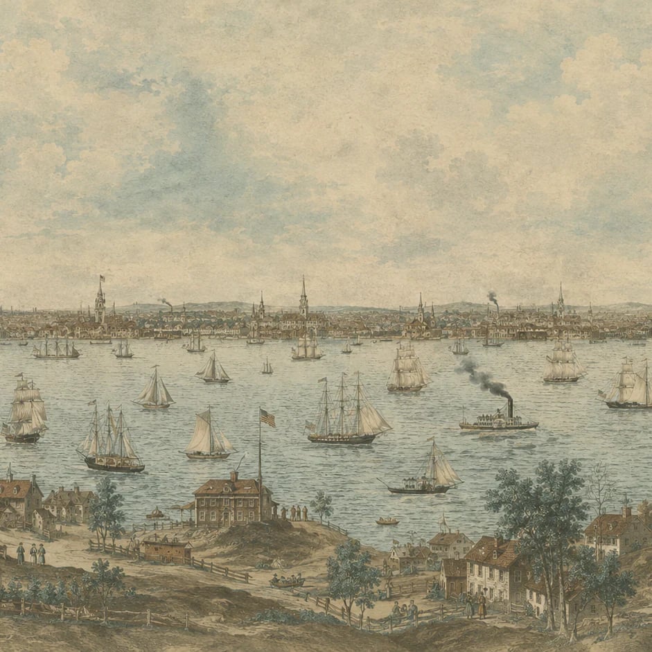 Close-up of the Vintage Seaport Panorama artwork at printed scale