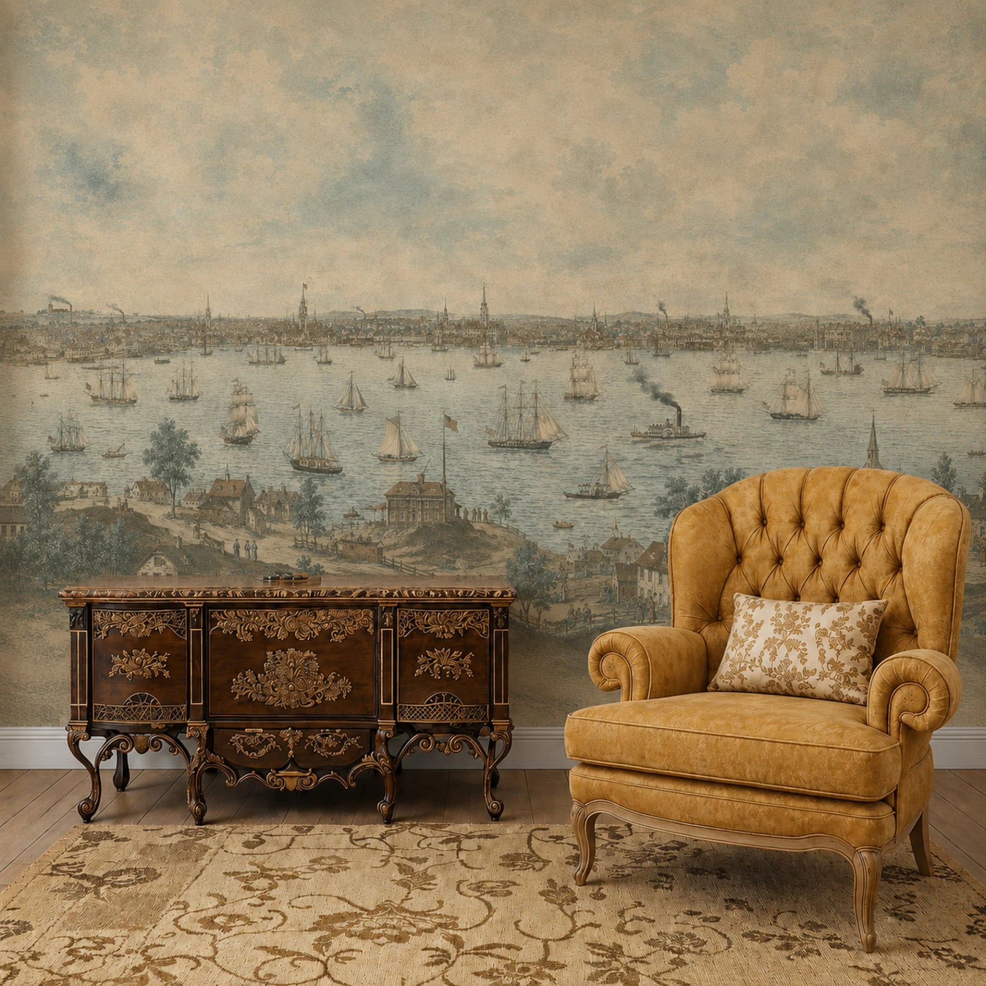 Vintage Seaport Panorama wall mural shown in a styled interior, view 2