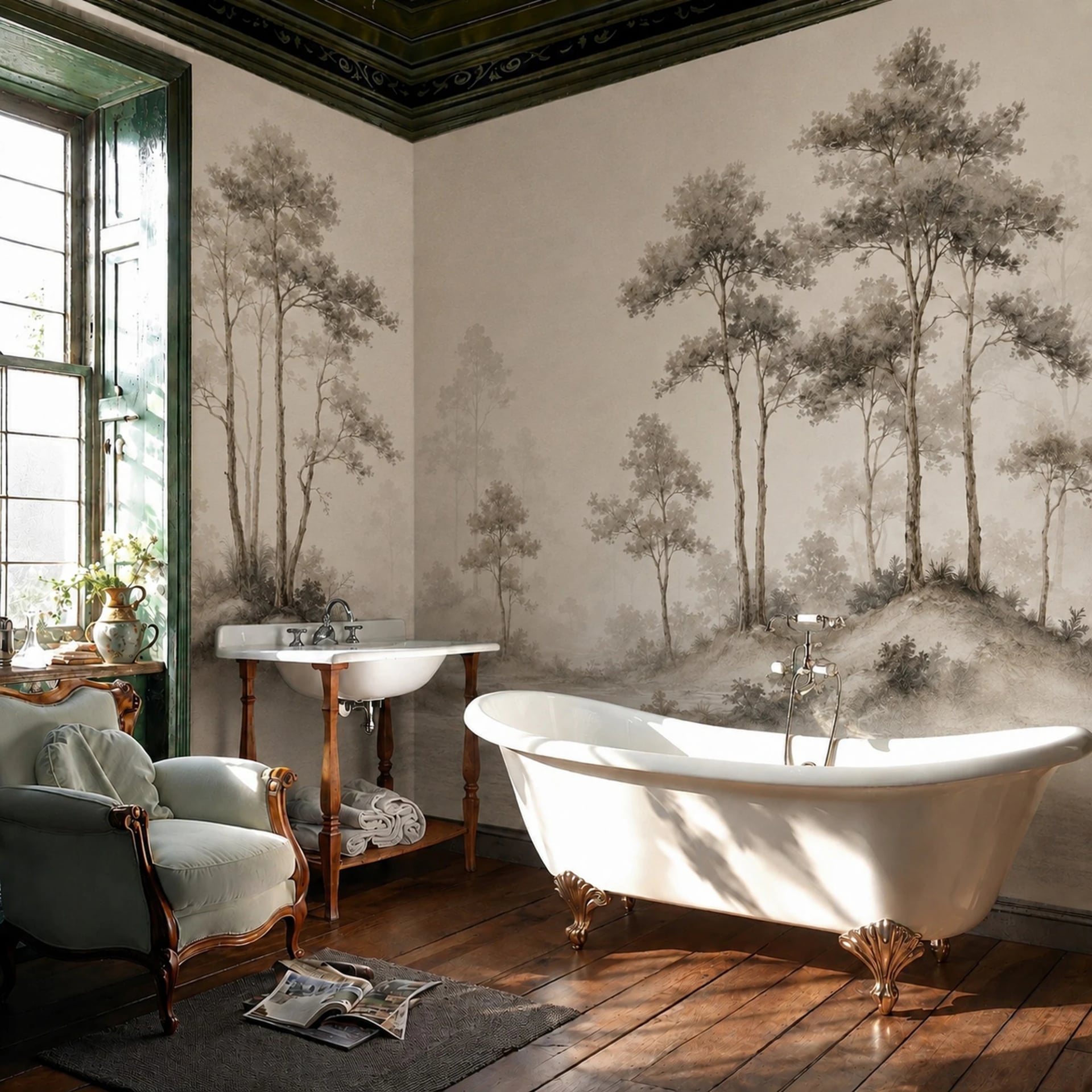 Papier peint panoramique Colline aux pins dans la brume présenté dans un intérieur décoré, vue 2