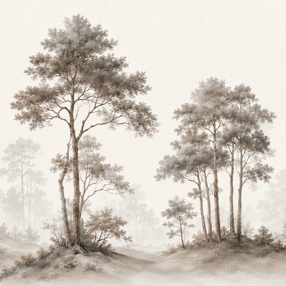Nahaufnahme des Kunstwerks Kiefernhügel in Sepia im Druckmaßstab