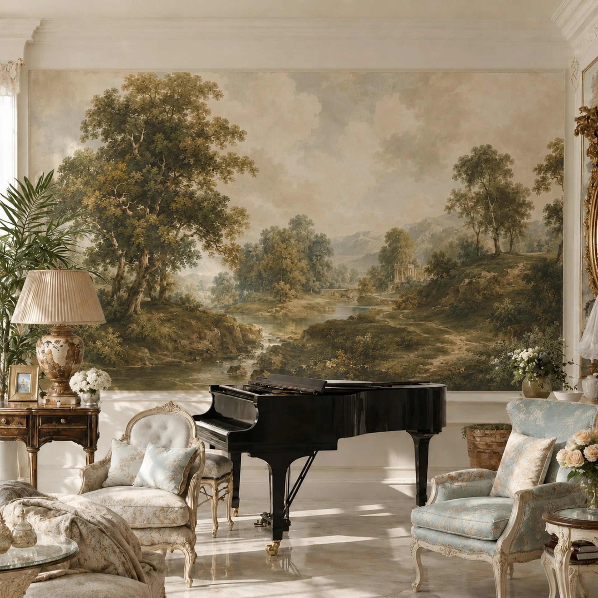 Arcadian River Grove wall mural shown in a styled interior, view 2