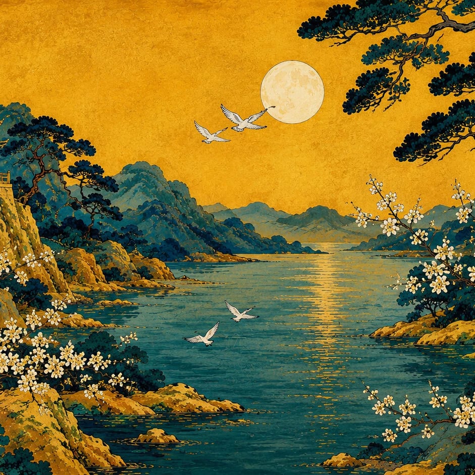 Close-up of the Golden Moon Pavilion artwork at printed scale