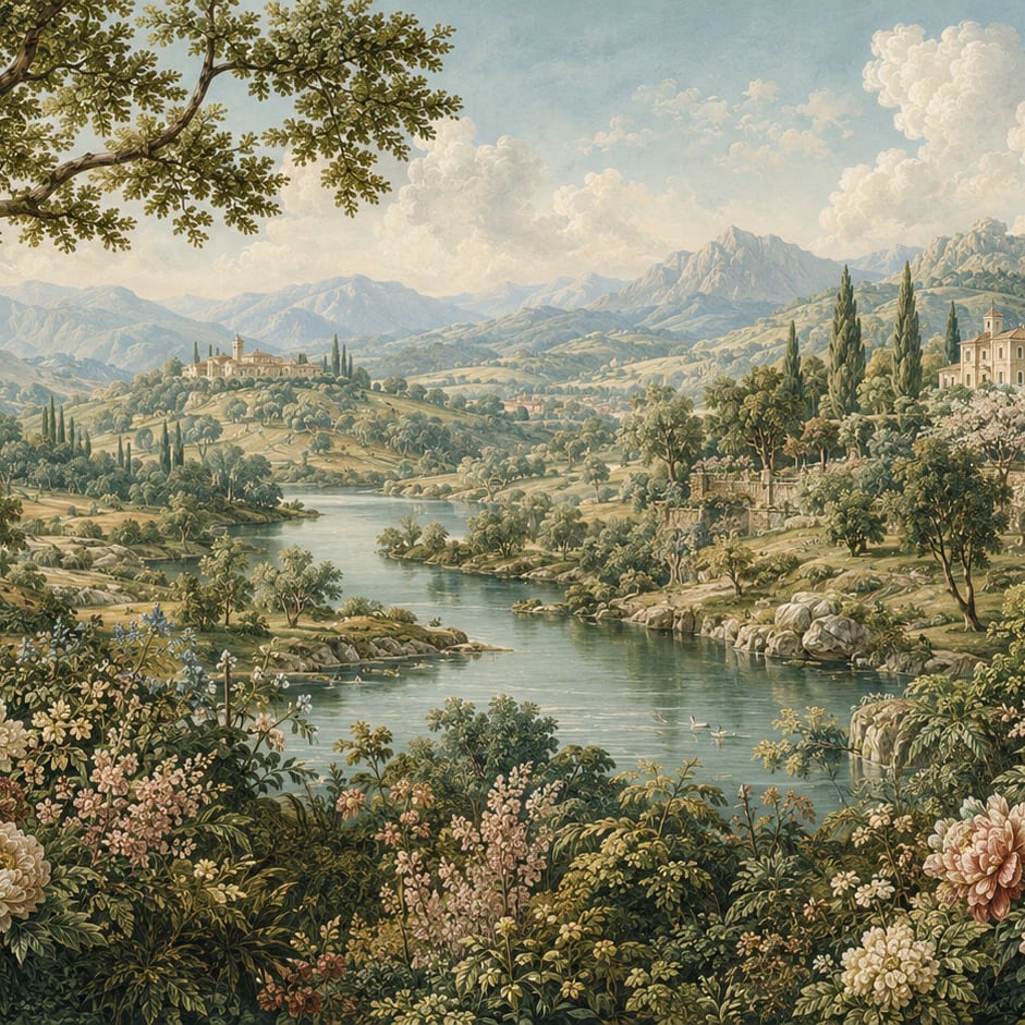 Nahaufnahme des Kunstwerks Flusslandschaft mit Pfingstrosen im Druckmaßstab