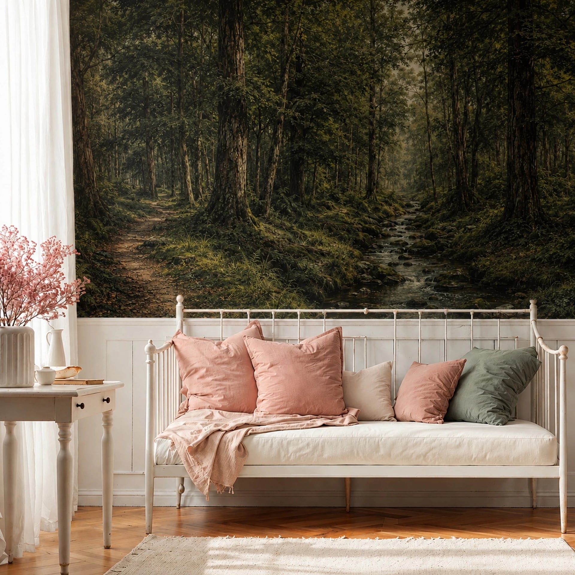 Woodland Stream Trail wall mural shown in a styled interior, view 2
