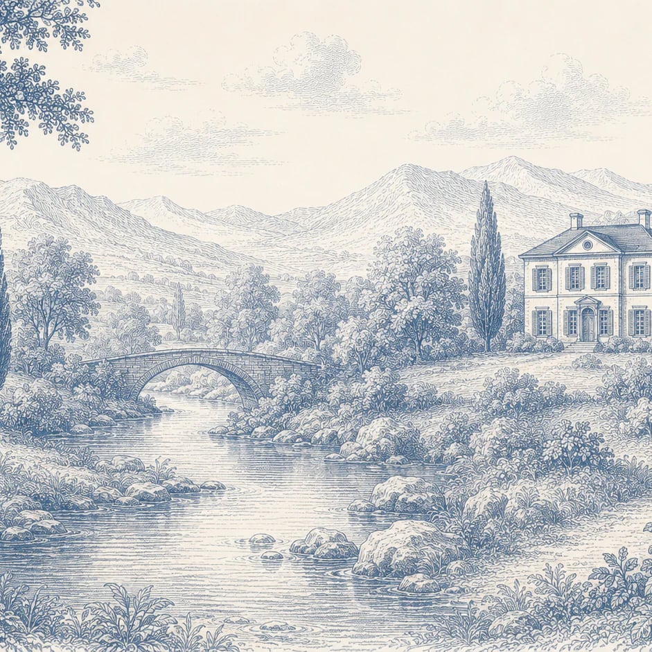 Close-up of the Estate River Toile artwork at printed scale