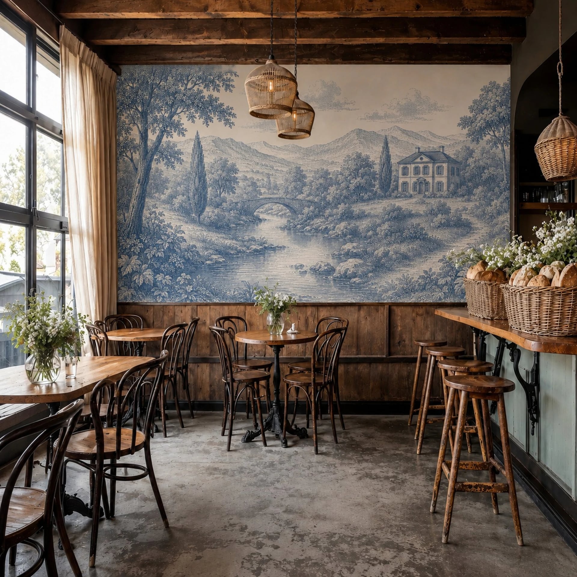 Estate River Toile wall mural shown in a styled interior, view 2