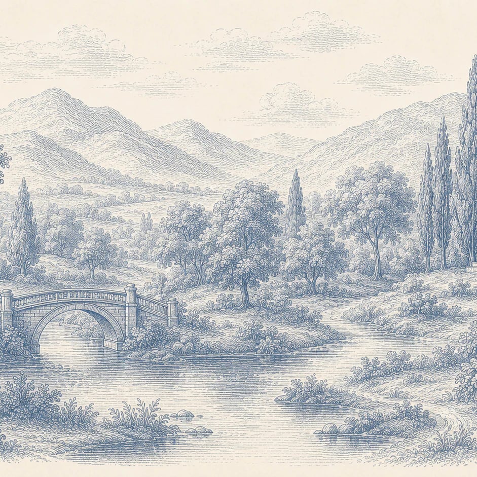 Gros plan sur le motif Pont du pavillon sur la rivière à l'échelle d'impression