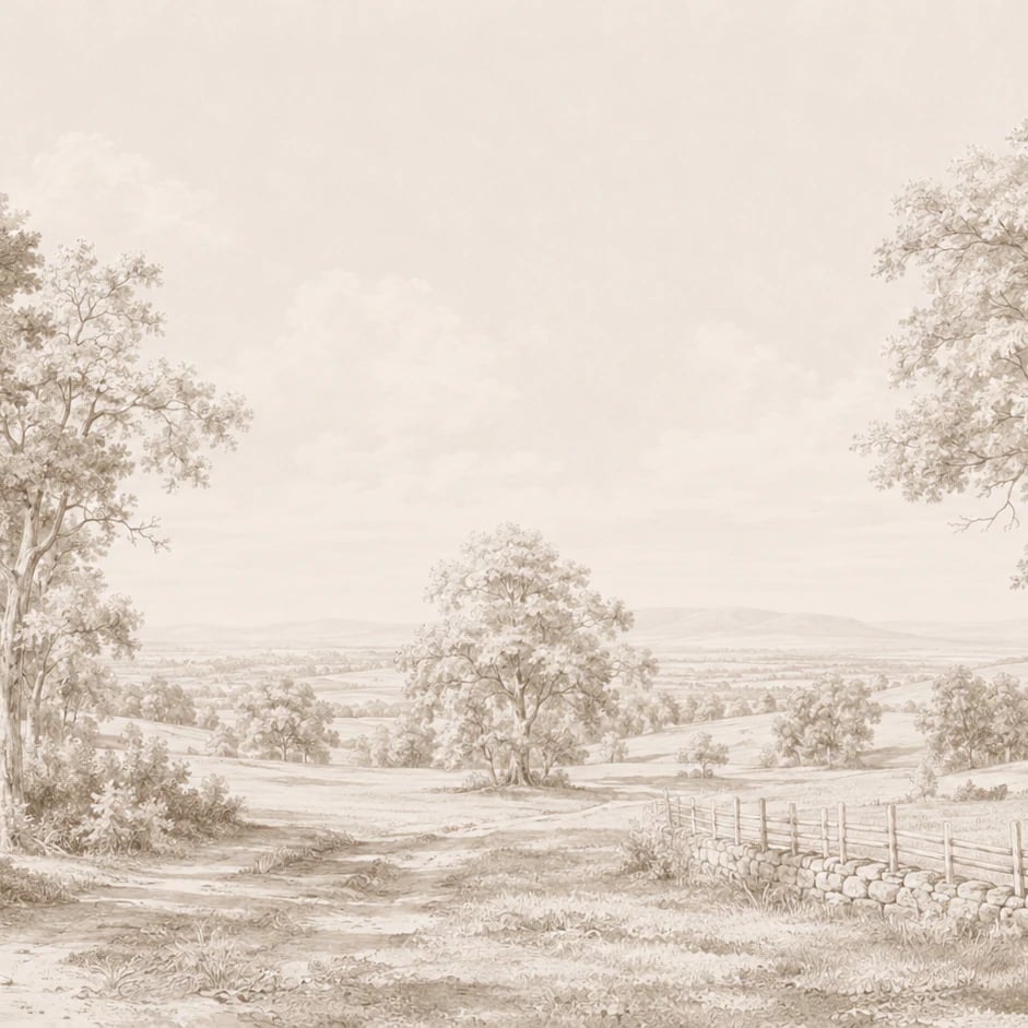 Nahaufnahme des Kunstwerks Pastorales Tal in Sepia im Druckmaßstab