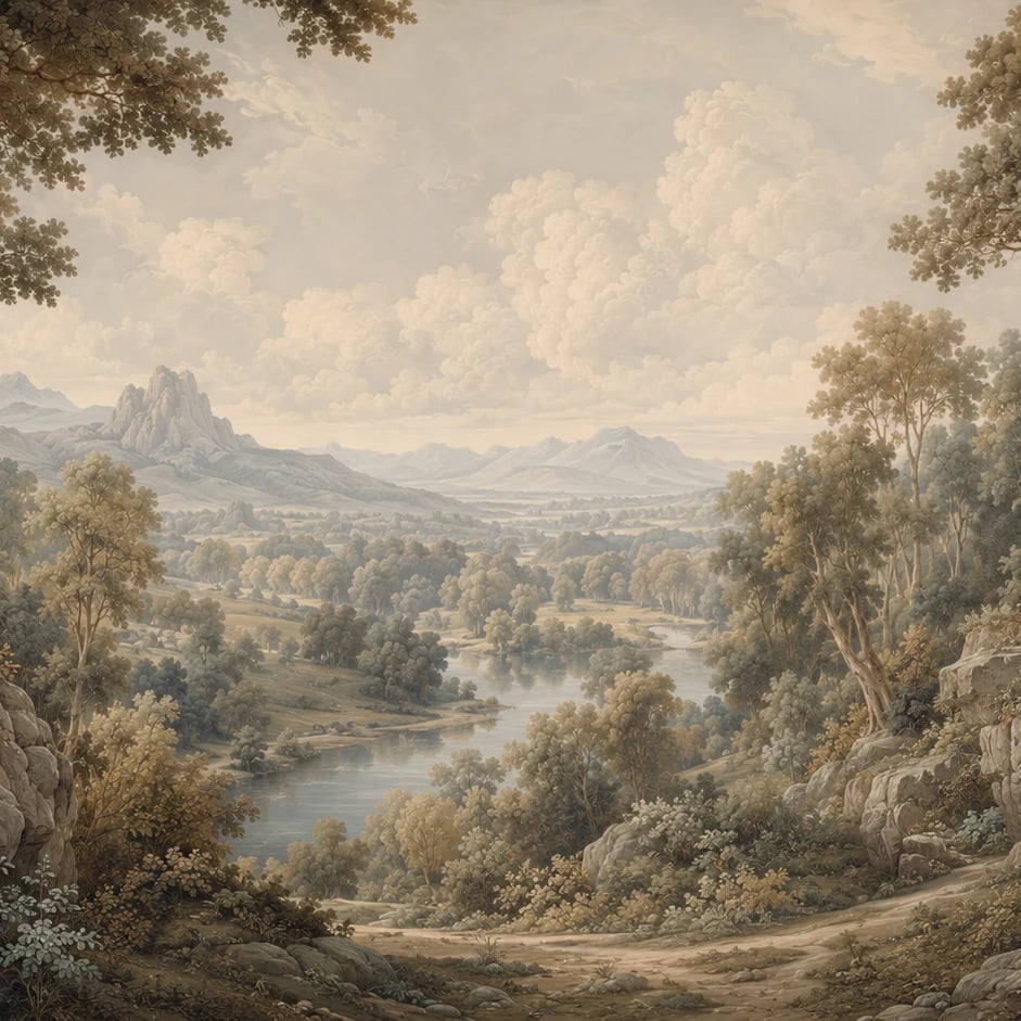 Primer plano del diseño Valle fluvial pastoral a escala de impresión