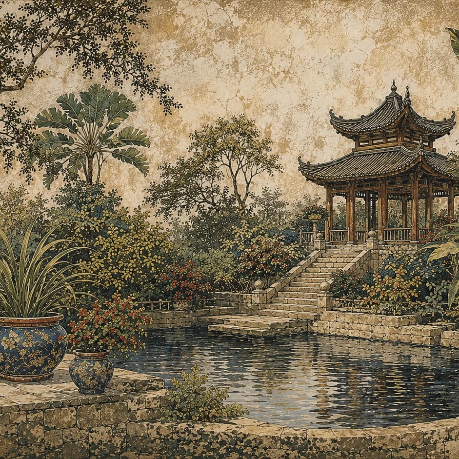 Close-up of the Pagoda Pool Garden artwork at printed scale