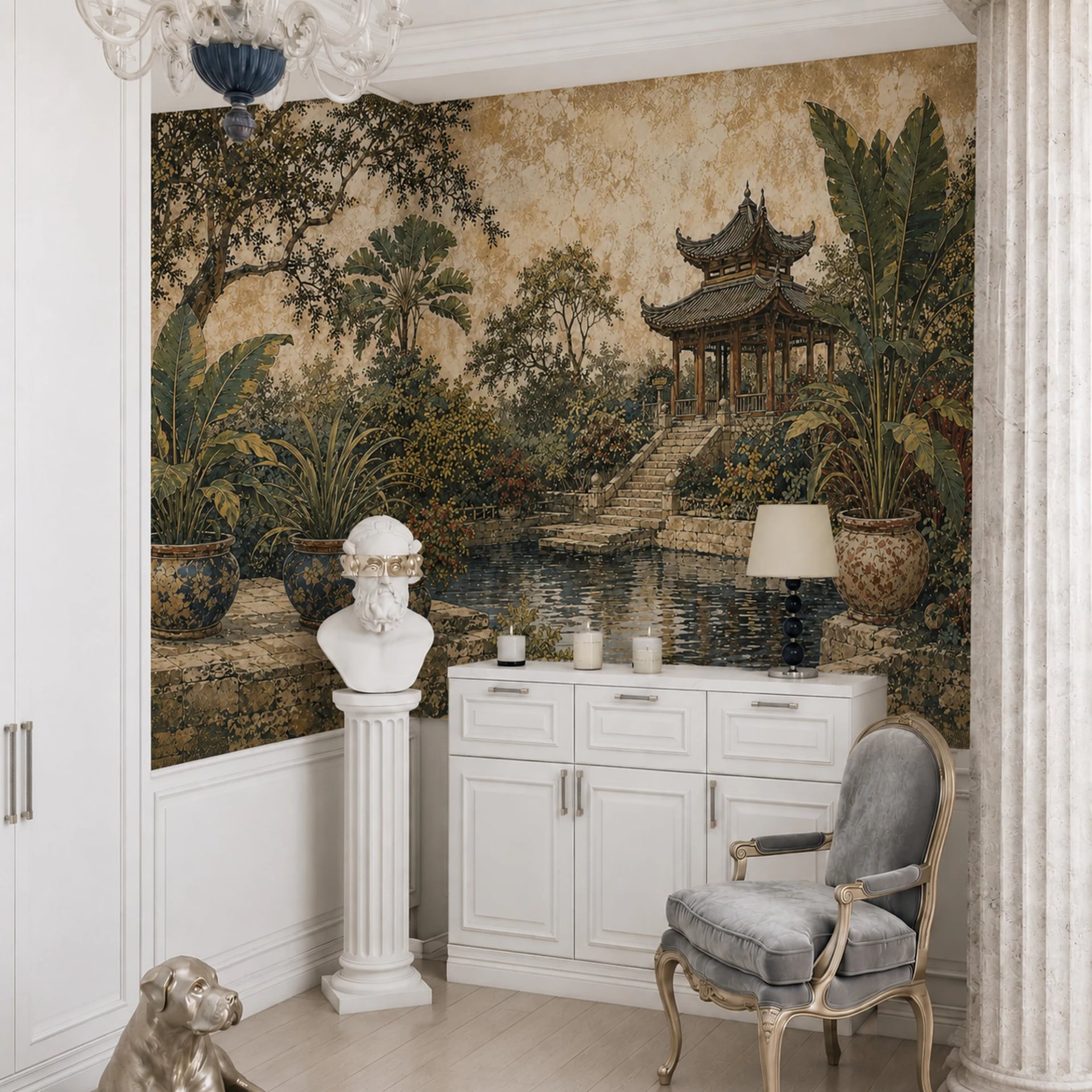 Pagoda Pool Garden wall mural shown in a styled interior, view 2
