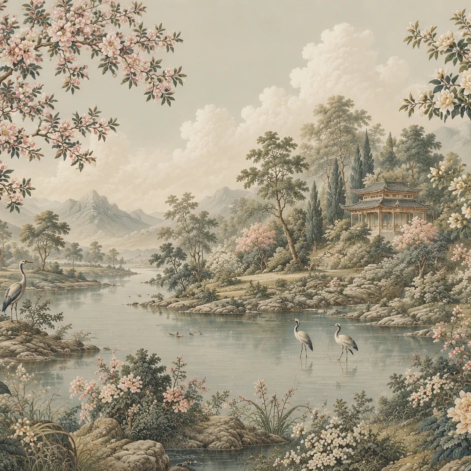 Primer plano del diseño Refugio chinoiserie de grullas a escala de impresión