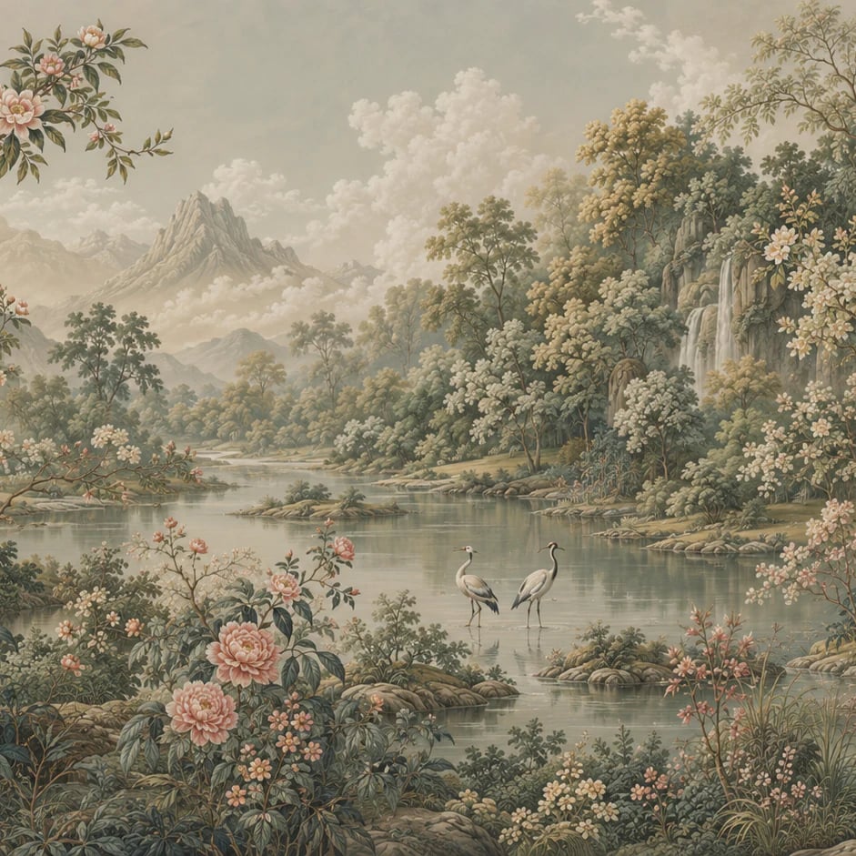 Gros plan sur le motif Vallée de la rivière aux grues à l'échelle d'impression