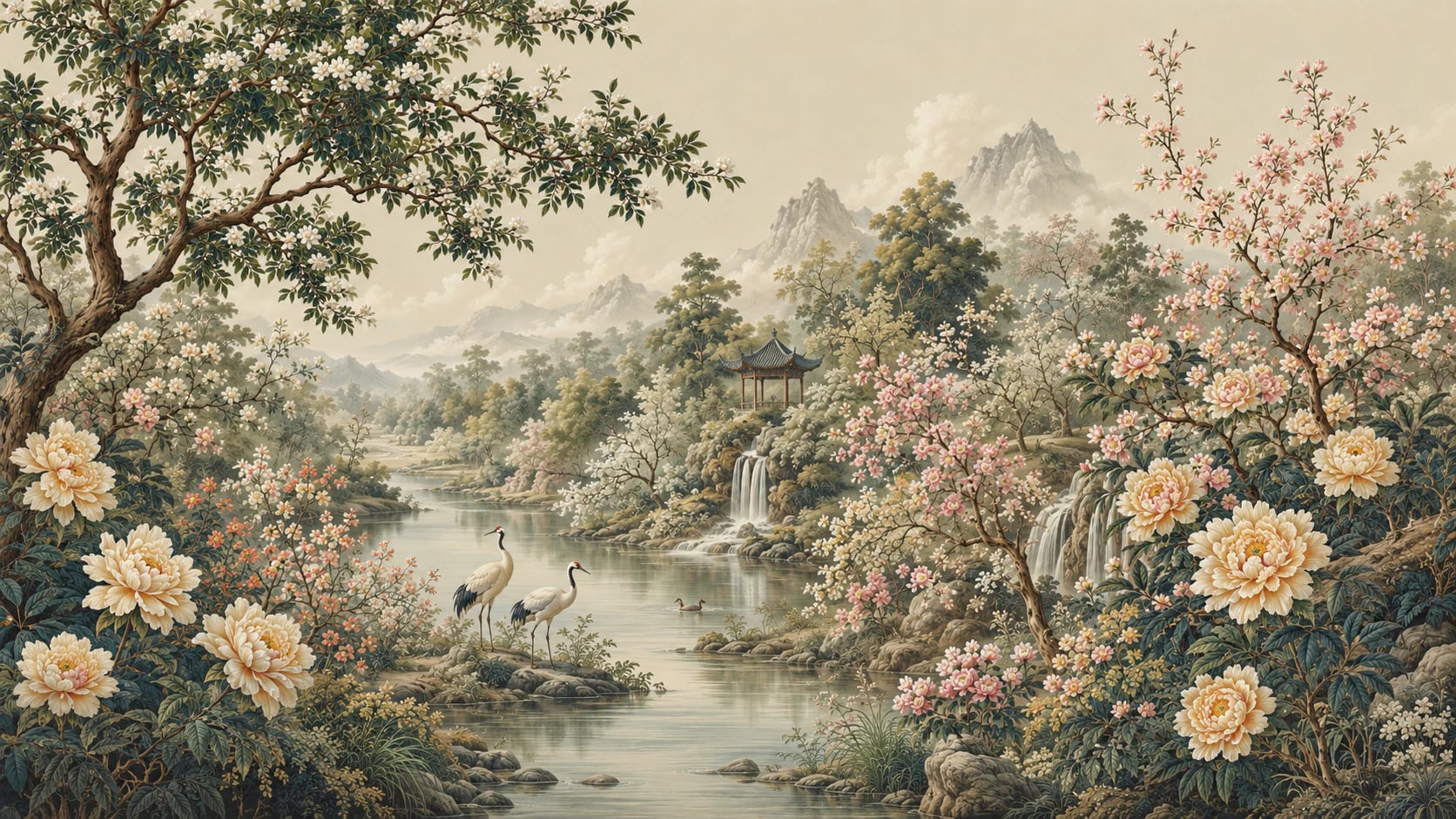 Kraniche am Pavillon