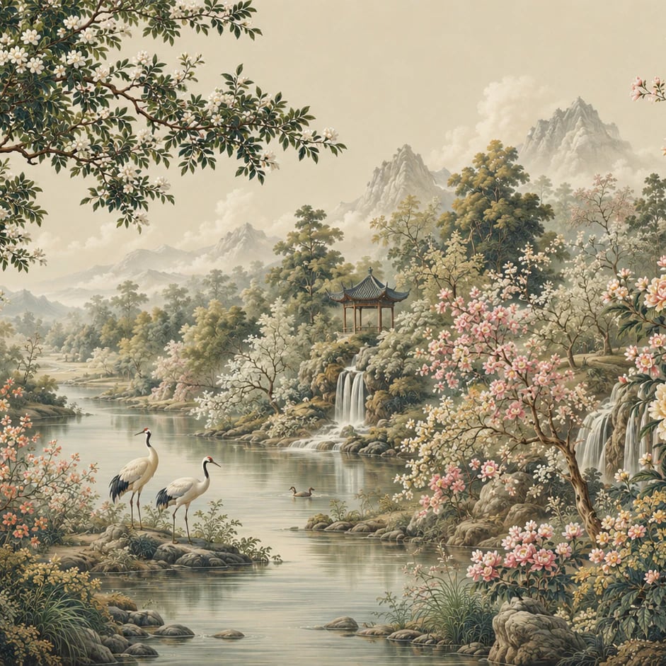 Close-up of the Cranes by the Pavilion artwork at printed scale