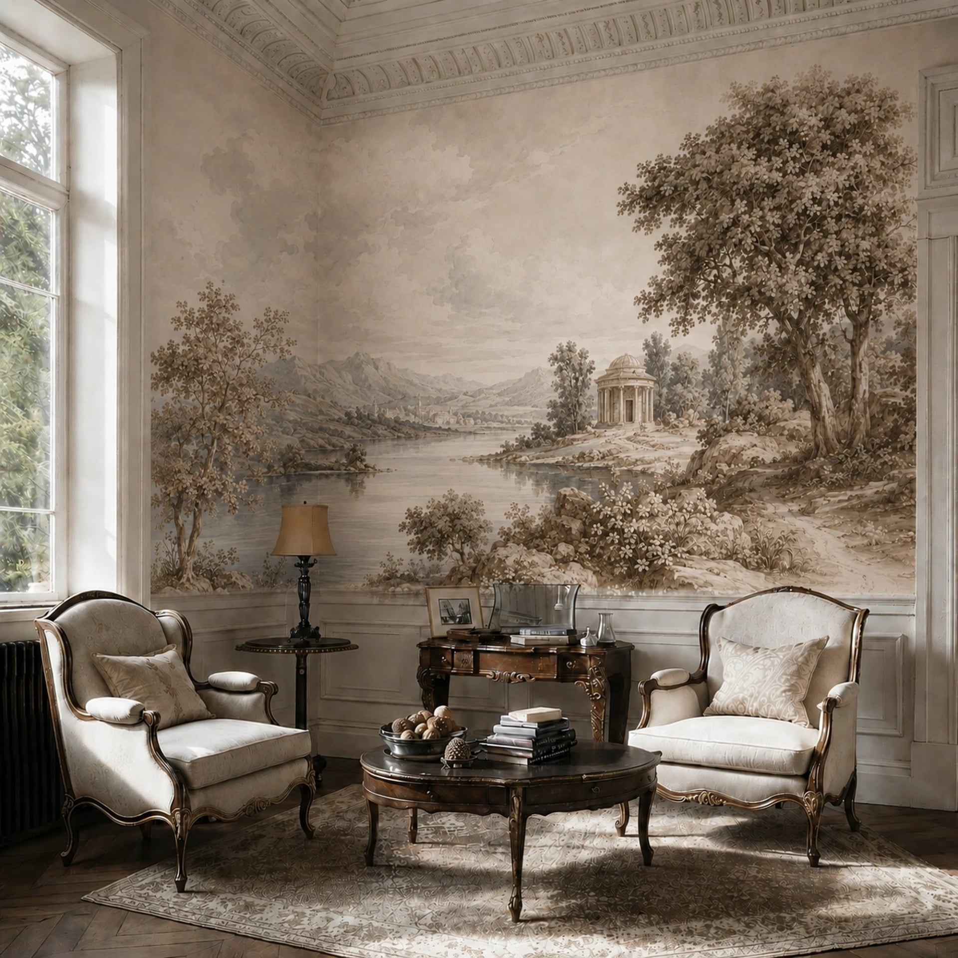 Classical Temple Lake wall mural shown in a styled interior, view 2