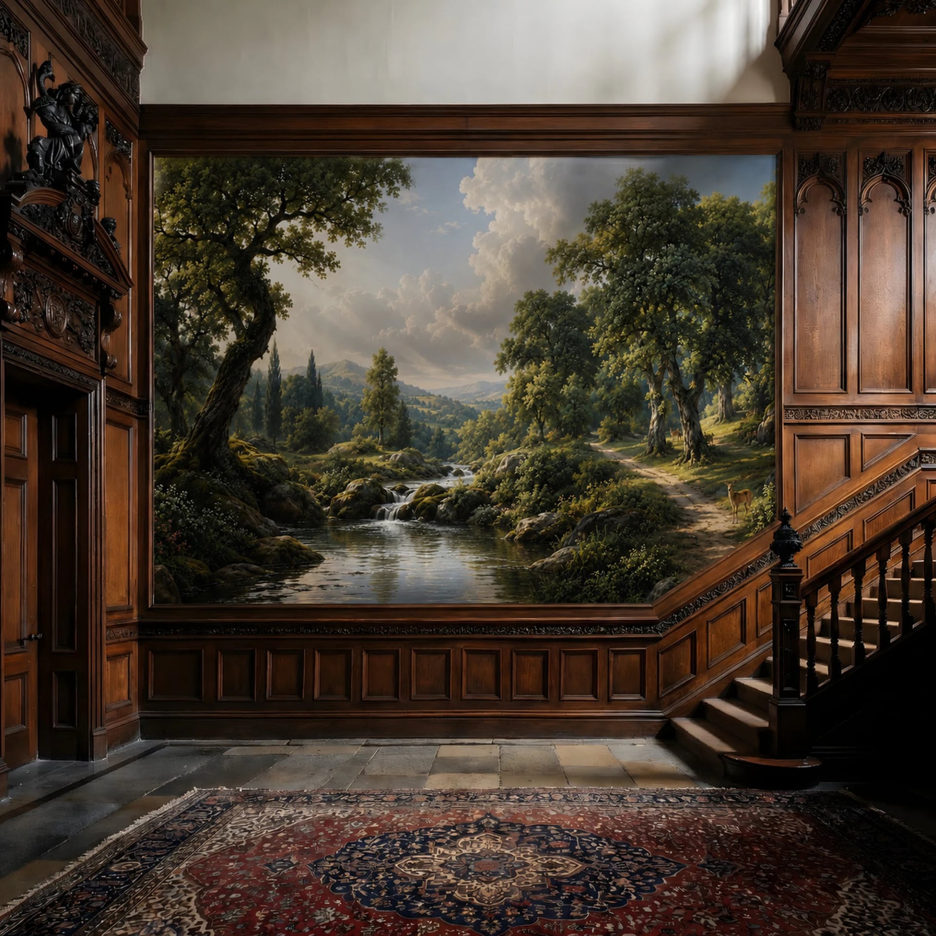 Papier peint panoramique Cerfs de la clairière au bord de l'eau présenté dans un intérieur décoré, vue 2