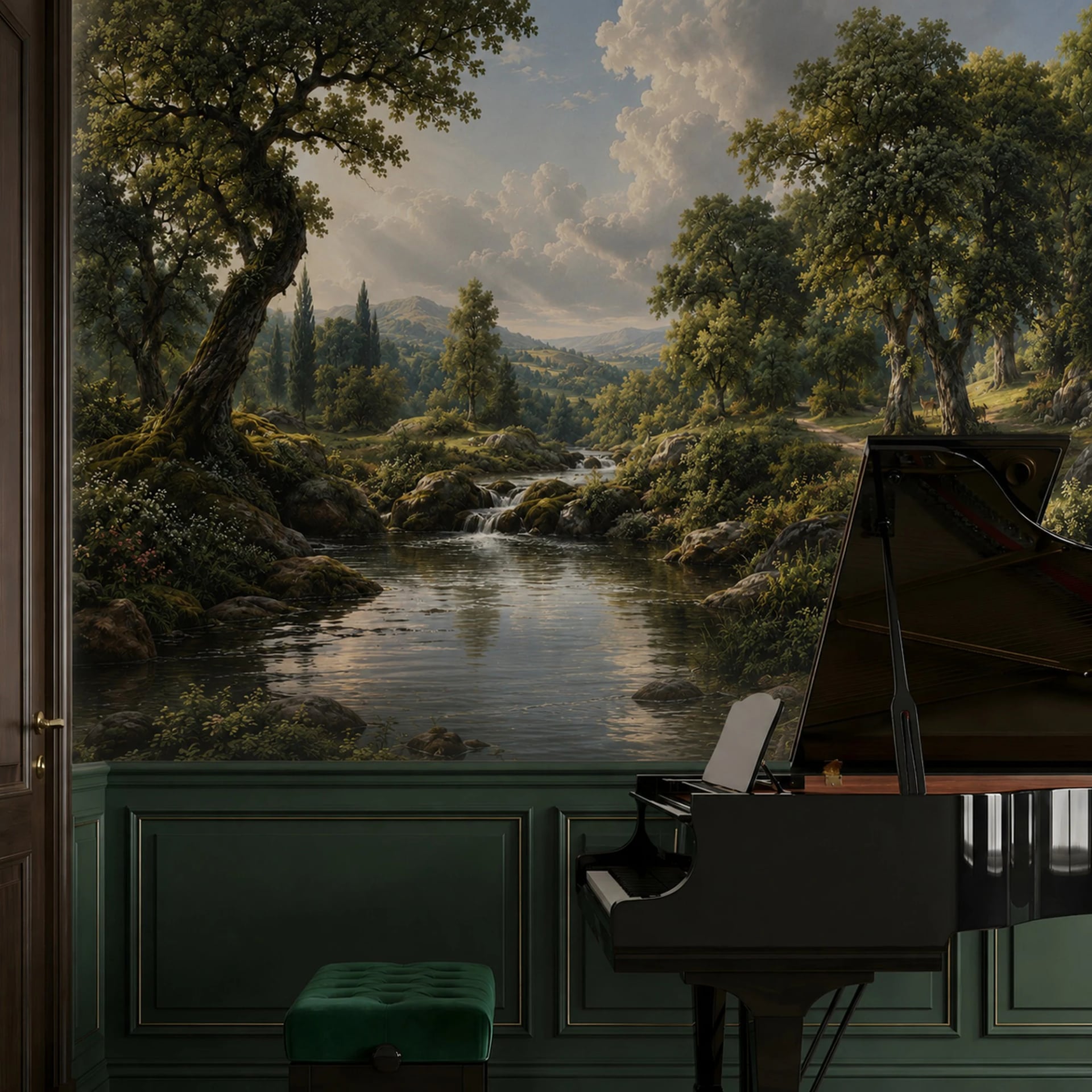 Papier peint panoramique Cerfs de la clairière au bord de l'eau présenté dans un intérieur décoré, vue 1