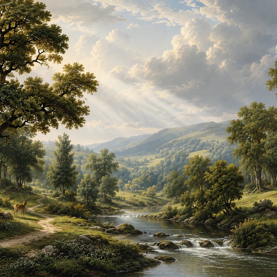 Close-up of the Sunlit River Valley artwork at printed scale