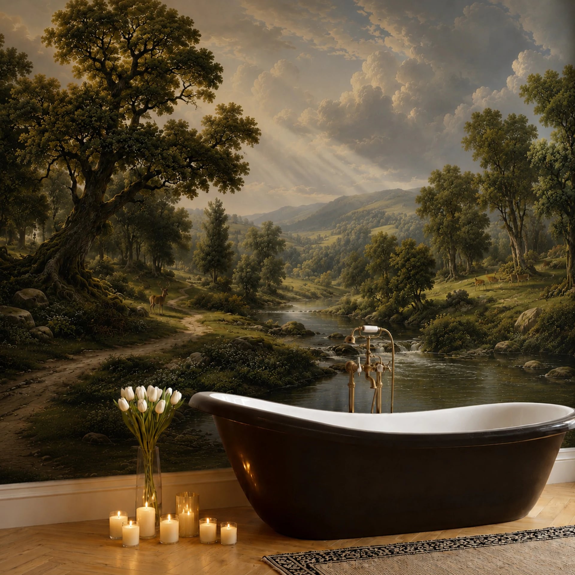Sunlit River Valley wall mural shown in a styled interior, view 2