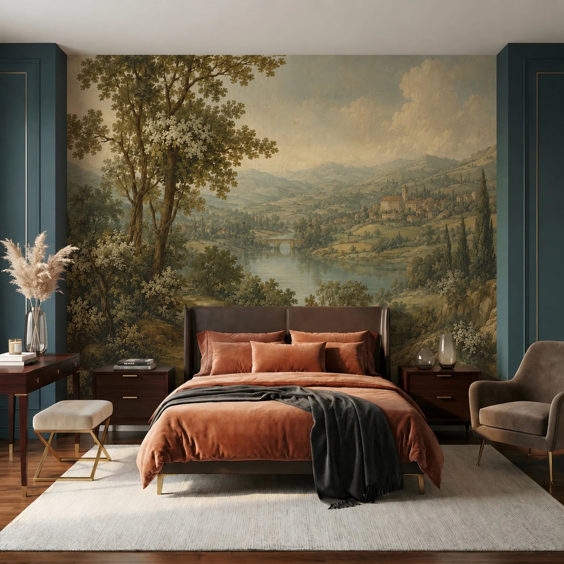 Papier peint panoramique Pont toscan sur la rivière présenté dans un intérieur décoré, vue 1
