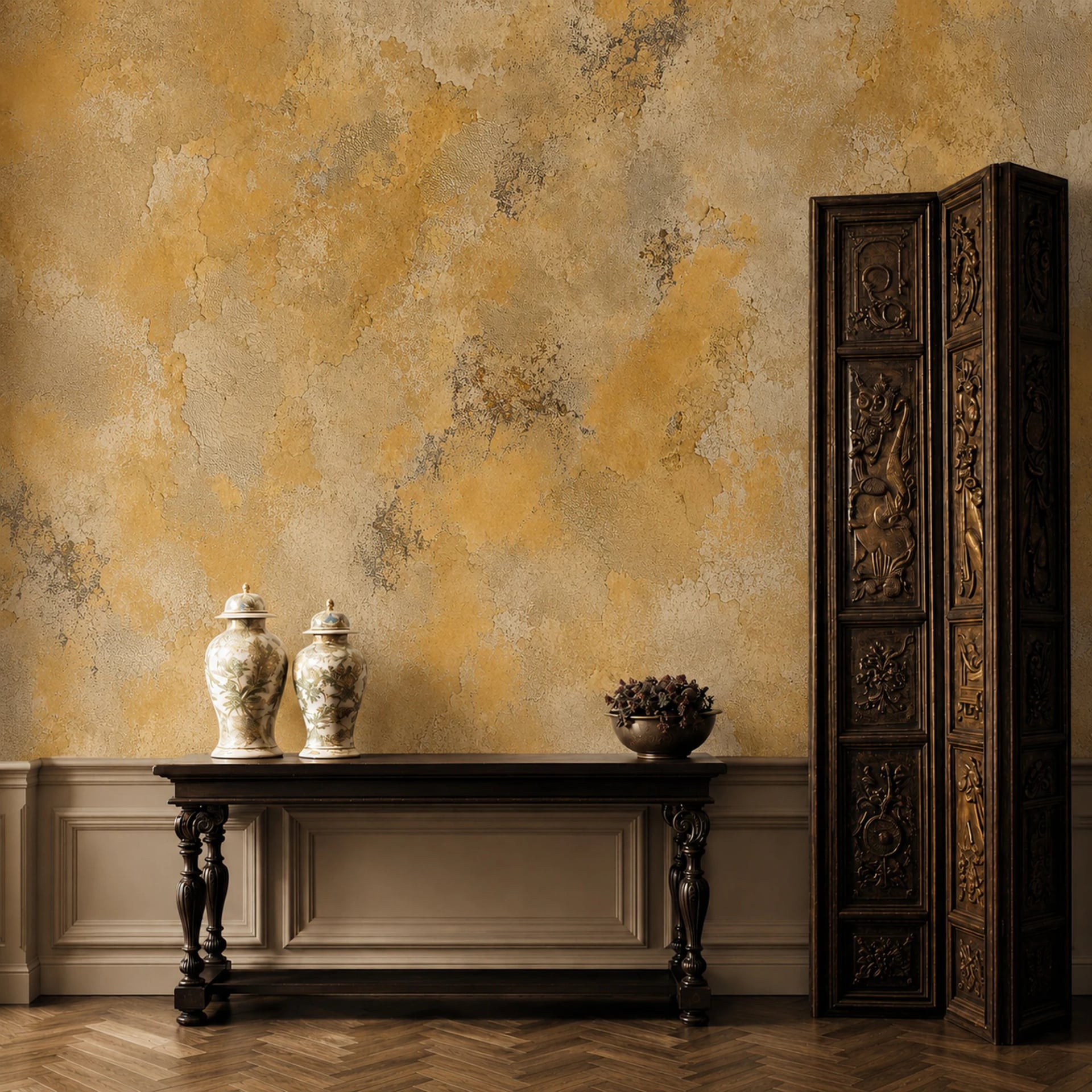 Ochre Venetian Plaster wall mural shown in a styled interior, view 2