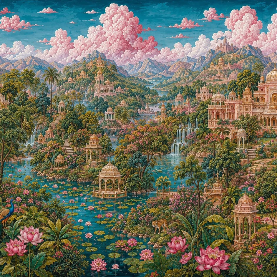 Close-up of the Lotus Pavilion Valley artwork at printed scale