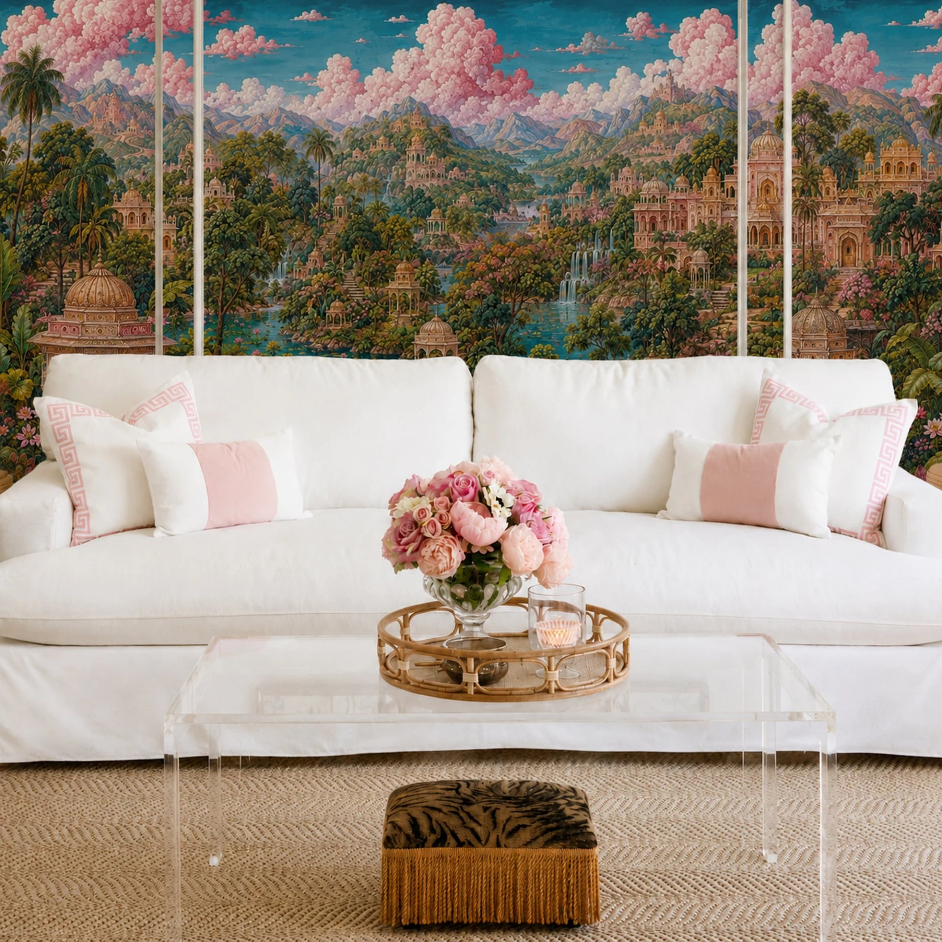 Lotus Pavilion Valley wall mural shown in a styled interior, view 2