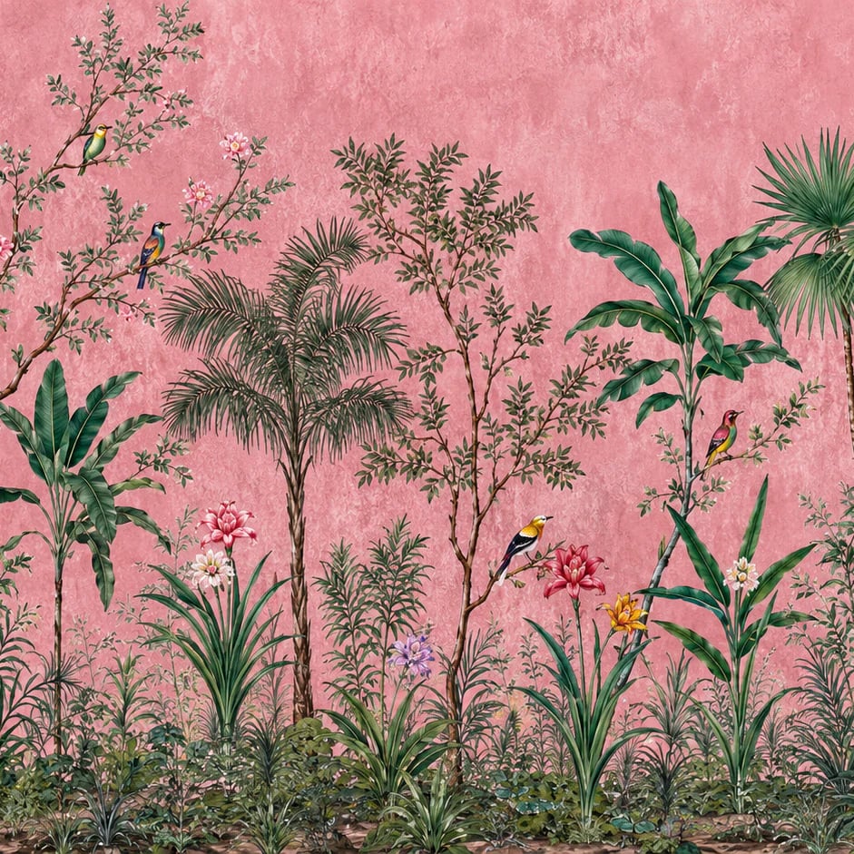 Primer plano del diseño Aviario de palmeras en rosa empolvado a escala de impresión