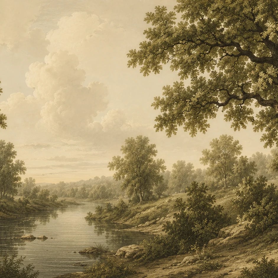 Gros plan sur le motif Prairie fluviale aux chênes à l'échelle d'impression