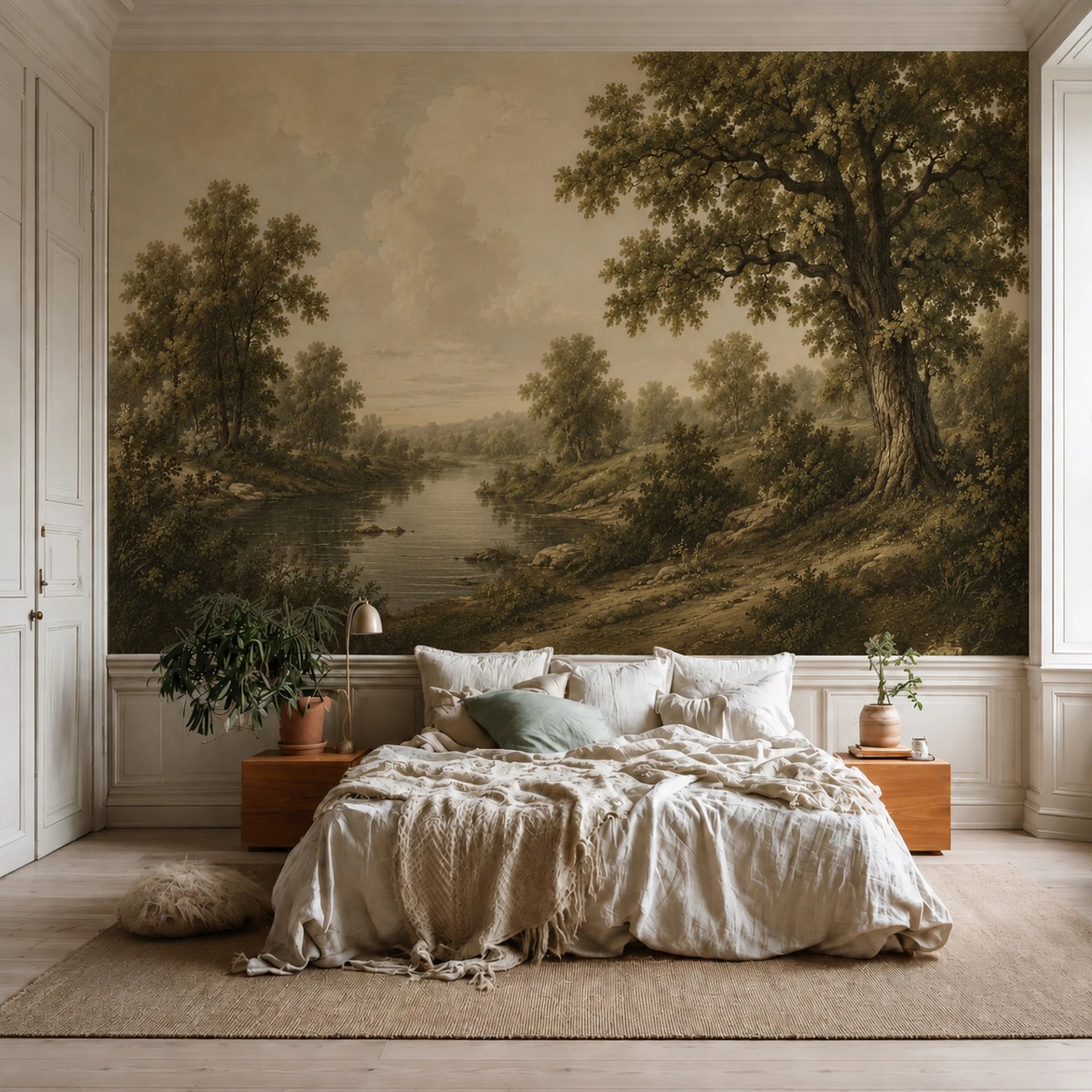 Papier peint panoramique Prairie fluviale aux chênes présenté dans un intérieur décoré, vue 1