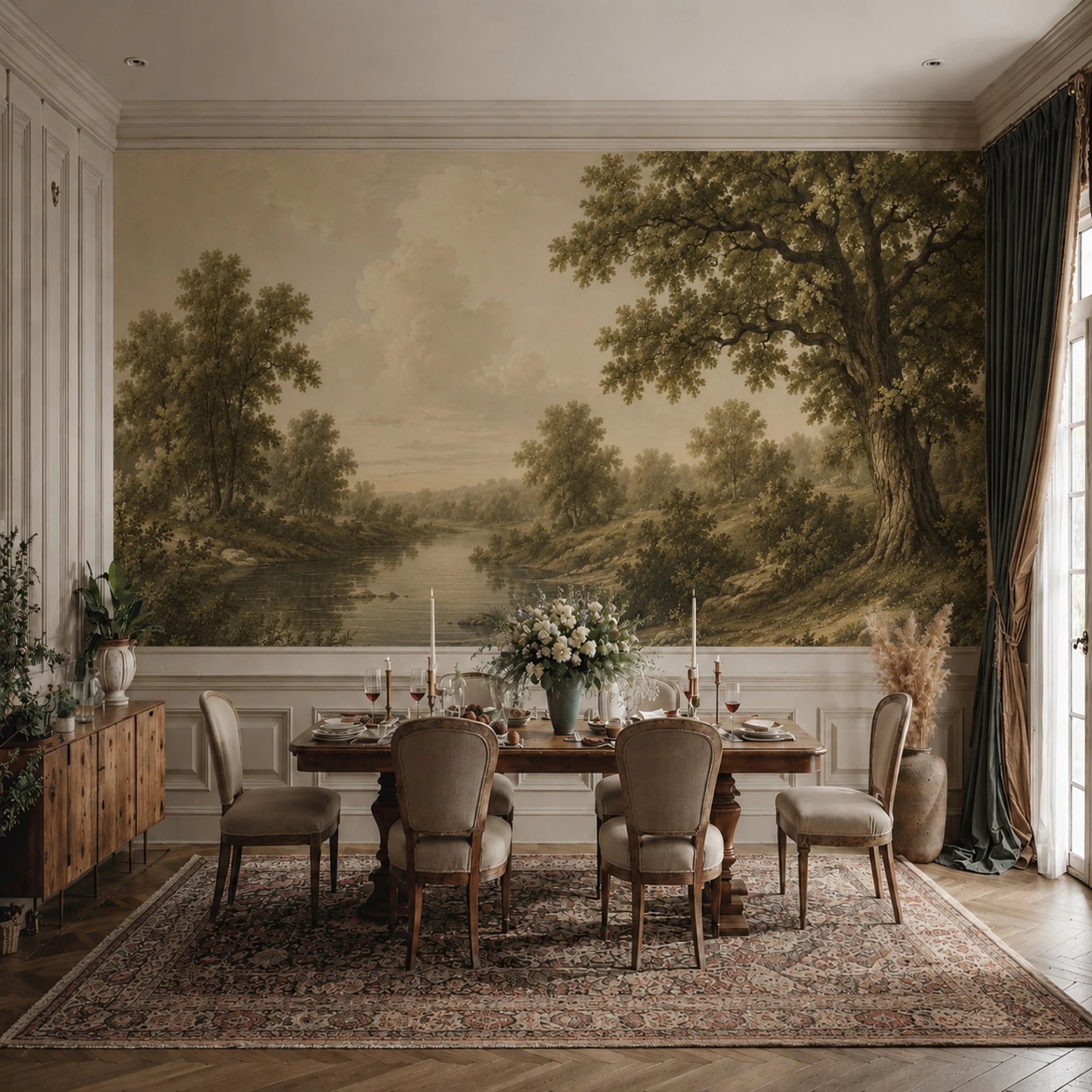Papier peint panoramique Prairie fluviale aux chênes présenté dans un intérieur décoré, vue 2