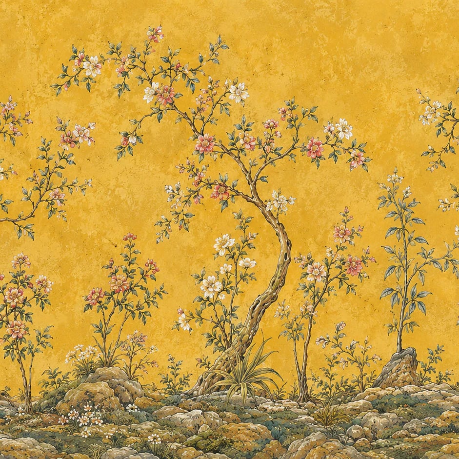 Gros plan sur le motif Bosquet fleuri ocre à l'échelle d'impression