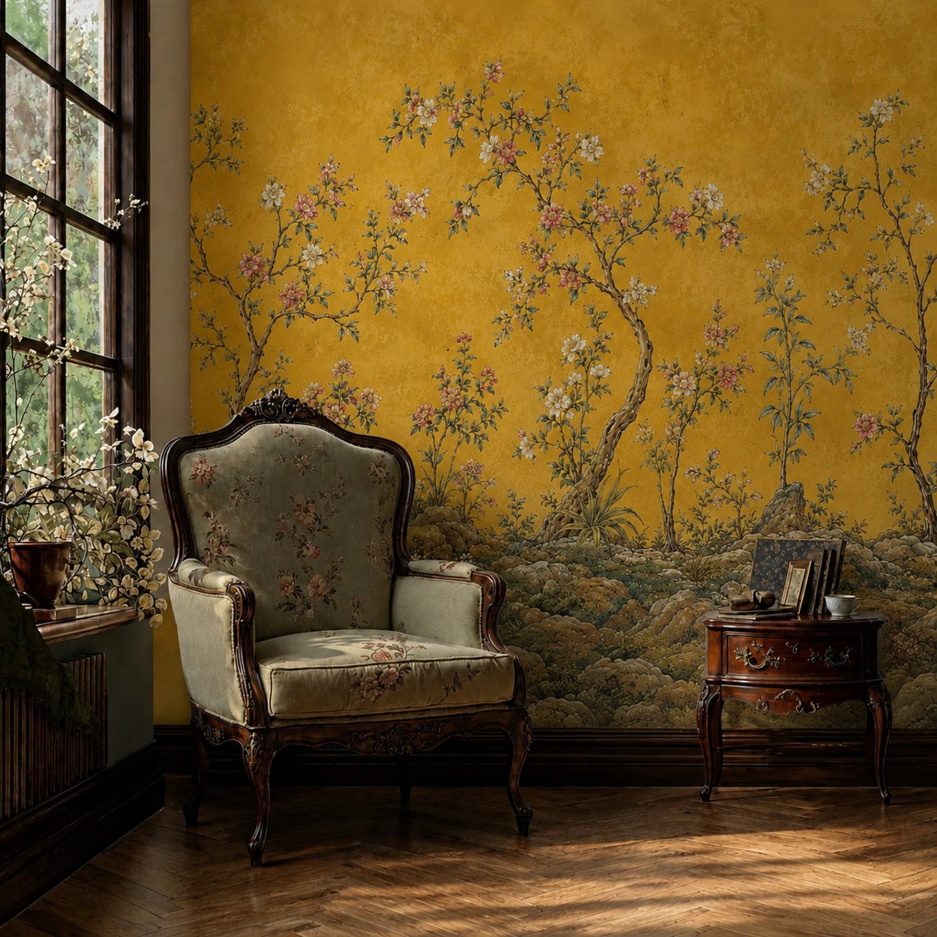 Papier peint panoramique Bosquet fleuri ocre présenté dans un intérieur décoré, vue 2