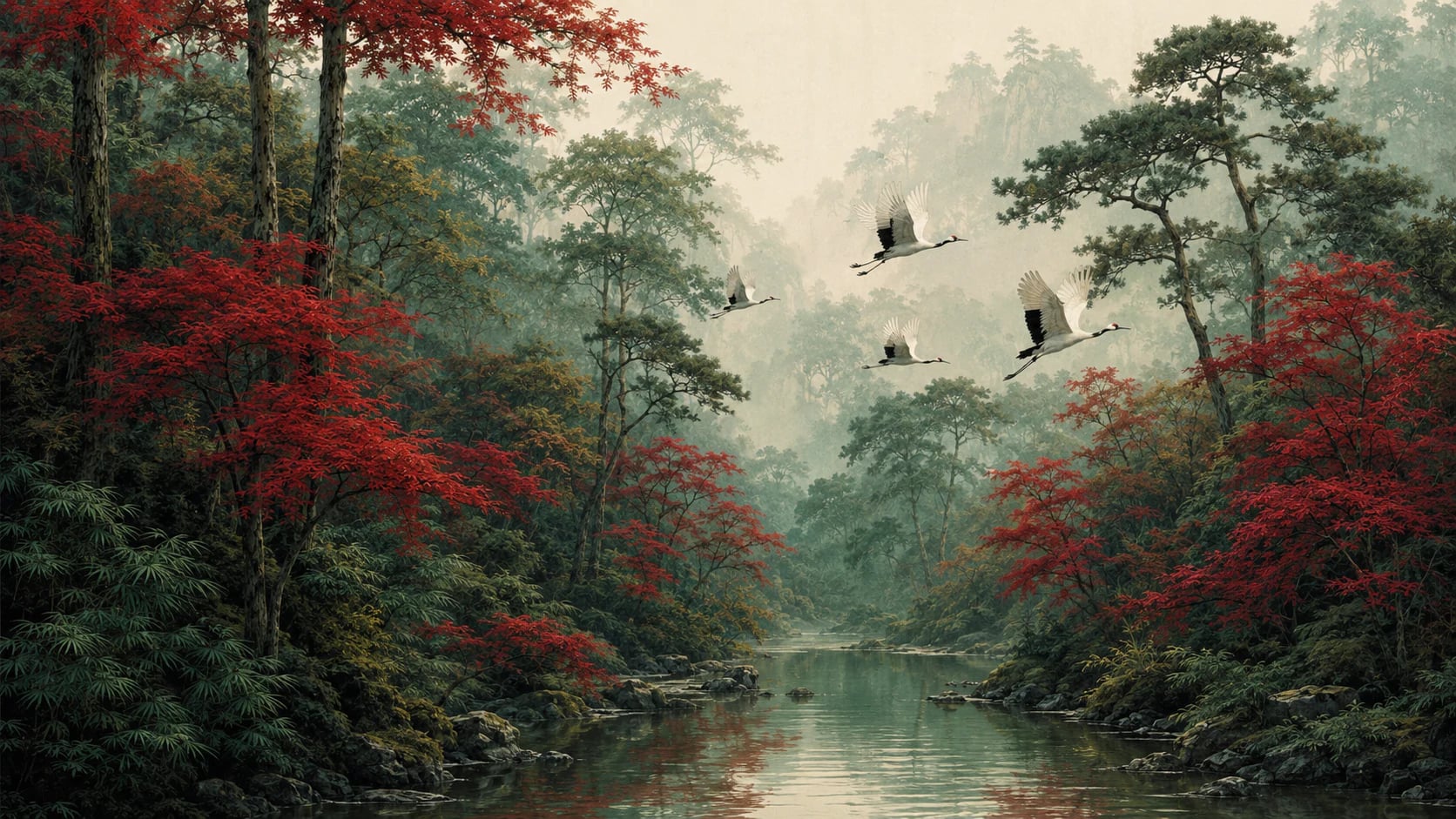 Grues d'automne sur la rivière