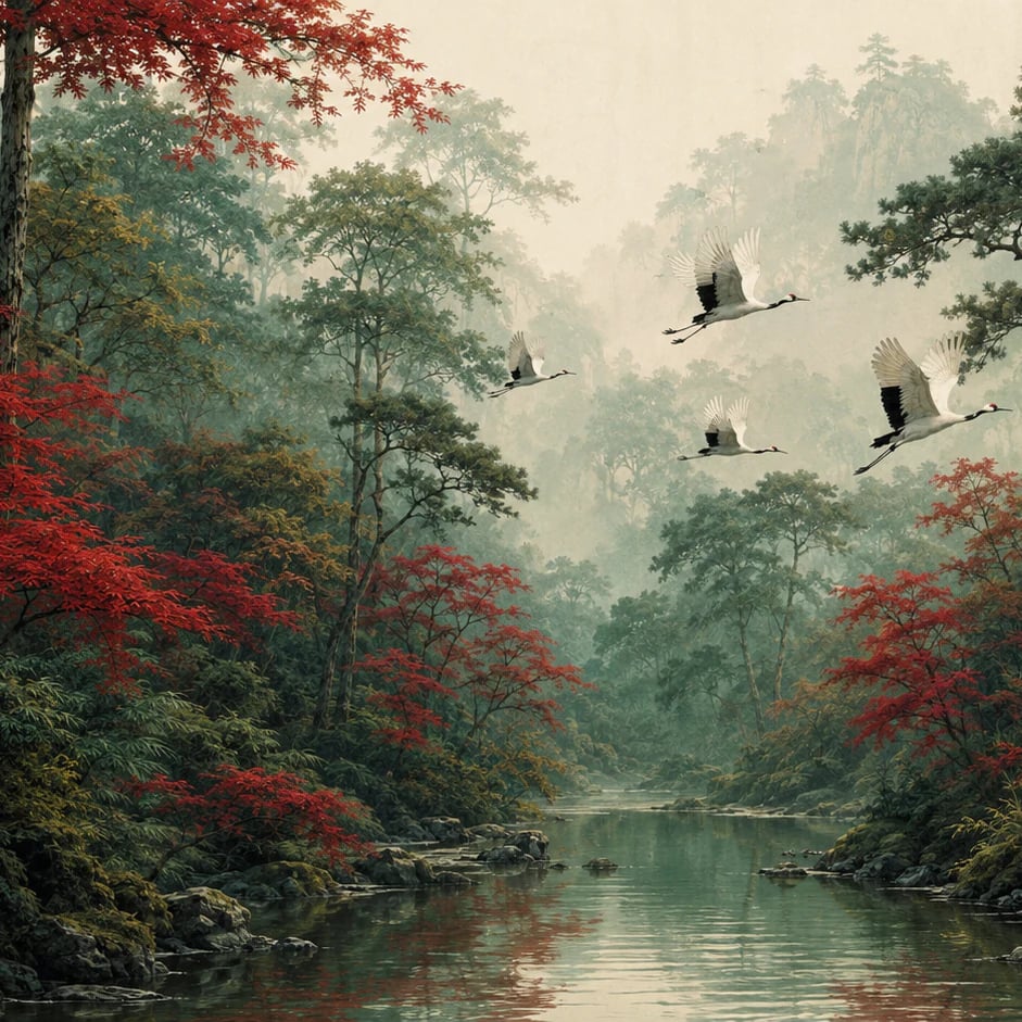 Nahaufnahme des Kunstwerks Herbstliche Kraniche am Fluss im Druckmaßstab