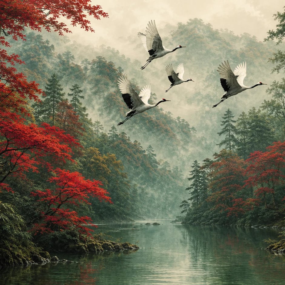 Close-up of the Misty Cranes and Maples artwork at printed scale
