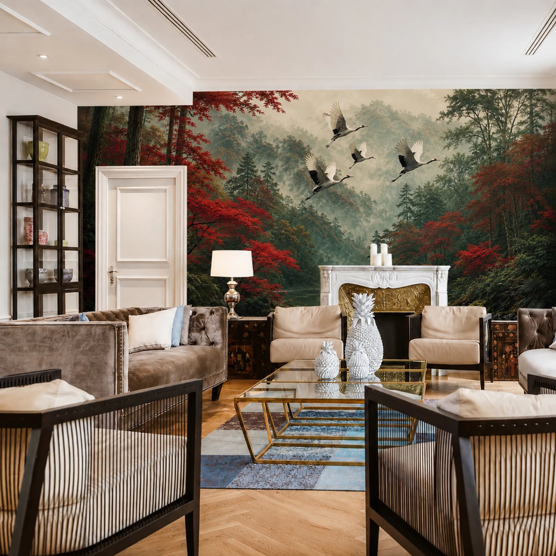 Misty Cranes and Maples wall mural shown in a styled interior, view 2