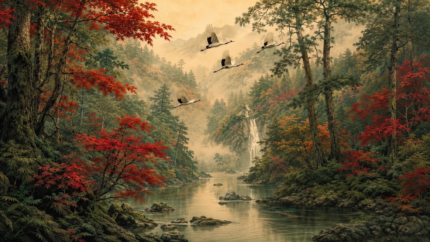 Autumn River Cranes